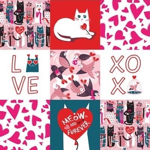 Small scale // I love you meow and fur-ever PATCHWORK // pink green white purple beet and black cats red Valentine's Day motifs