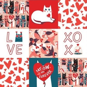 Small scale // I love you meow and fur-ever PATCHWORK // coral green white purple beet and black cats red Valentine's Day motifs