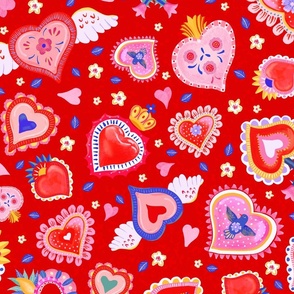 Decorated Hearts Bright Red