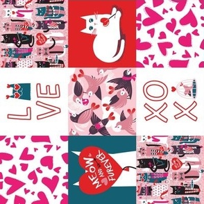 Small scale // I love you meow and fur-ever PATCHWORK rotated // pink green white purple beet and black cats red Valentine's Day motifs