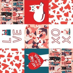 Small scale // I love you meow and fur-ever PATCHWORK rotated // coral green white purple beet and black cats red Valentine's Day motifs