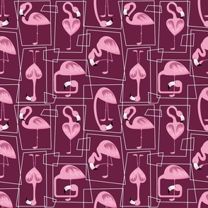 Palm Springs Flamingos on plum background | Small scale