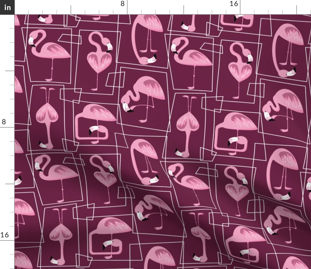 Palm Springs Flamingos on plum background | Small scale