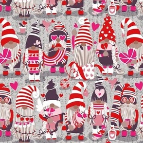 Small scale // I gnome you ♥ more // grey background red and pink Valentine's Day gnomes and motifs