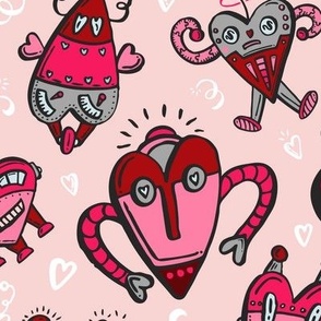 Funky Valentine Robots // Nerdy Love Bots © ZirkusDesign  // Hearts, STEM, geek, science, technology, love, Valentine's Day, holiday, antenna, lights, android, heart
