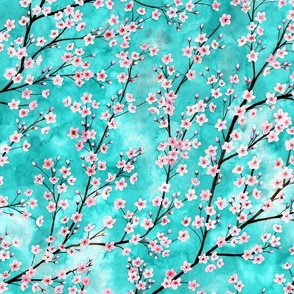 cherryblossoms, a watercolor spring design on tourquoise