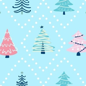 Christmas Tree Pastel Damask - Sky Blue Large Scale