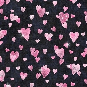 Glitter Hearts in Cerise Pink | Block printed hearts, heart confetti, bling, sparkly hearts on black velvet for wedding, new year, celebration, party.