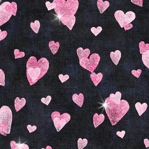 Glitter Hearts in Cerise Pink (large scale) | Block printed hearts, heart confetti, bling, sparkly hearts on black velvet for wedding, new year, celebration, party.