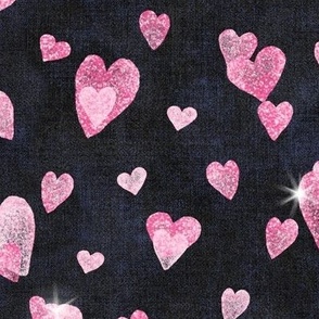 Glitter Hearts in Cerise Pink (xl scale) | Block printed hearts, heart confetti, bling, sparkly hearts on black velvet for wedding, new year, celebration, party.