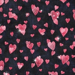 Glitter Hearts in Cherry Red | Block printed hearts, heart confetti, bling, sparkly hearts on black velvet for wedding, new year, celebration, party.
