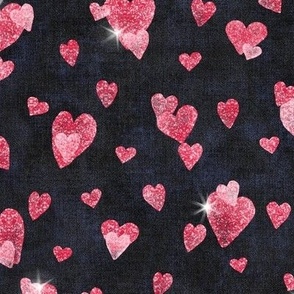 Glitter Hearts in Cherry Red (large scale) | Block printed hearts, heart confetti, bling, sparkly hearts on black velvet for wedding, new year, celebration, party.