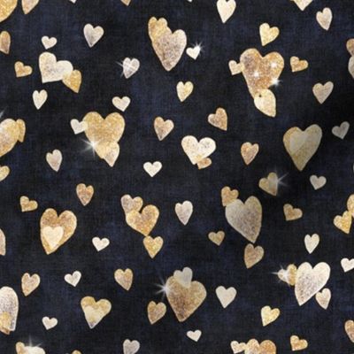 Glitter Hearts in Gold | Block printed hearts, heart confetti, bling, sparkly hearts on black velvet for wedding, new year, celebration, party.