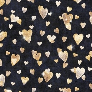 Glitter Hearts in Gold | Block printed hearts, heart confetti, bling, sparkly hearts on black velvet for wedding, new year, celebration, party.
