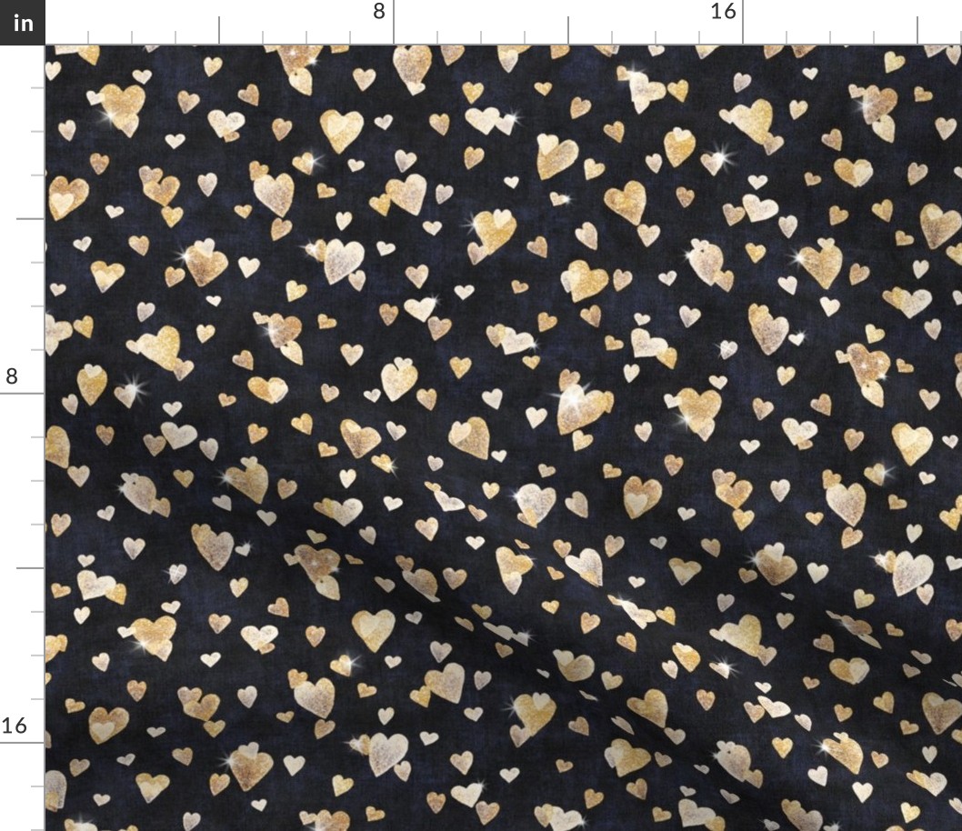 Glitter Hearts in Gold | Block printed hearts, heart confetti, bling, sparkly hearts on black velvet for wedding, new year, celebration, party.