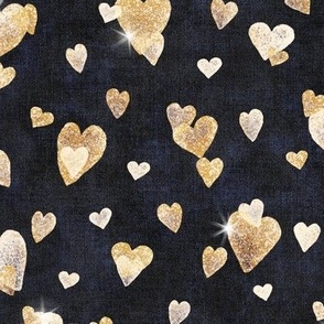 Glitter Hearts in Gold (large scale) | Block printed hearts, heart confetti, bling, sparkly hearts on black velvet for wedding, new year, celebration, party.