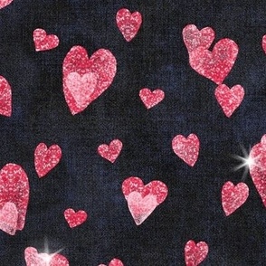 Glitter Hearts in Cherry Red (xl scale) | Block printed hearts, heart confetti, bling, sparkly hearts on black velvet for wedding, new year, celebration, party.