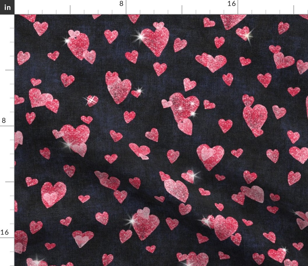 Glitter Hearts in Cherry Red (xl scale) | Block printed hearts, heart confetti, bling, sparkly hearts on black velvet for wedding, new year, celebration, party.