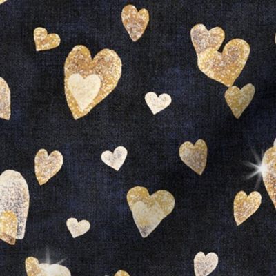 Glitter Hearts in Gold (xl scale) | Block printed hearts, heart confetti, bling, sparkly hearts on black velvet for wedding, new year, celebration, party.