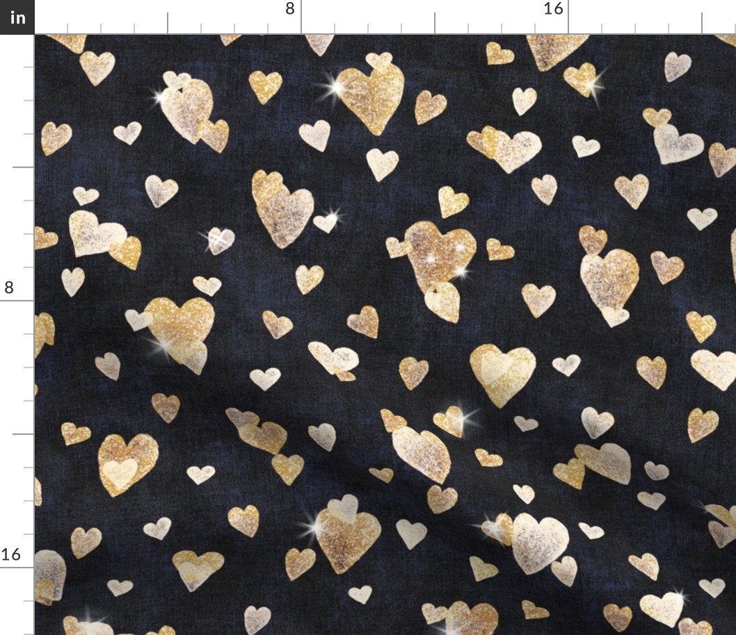 Glitter Hearts in Gold (xl scale) | Block printed hearts, heart confetti, bling, sparkly hearts on black velvet for wedding, new year, celebration, party.