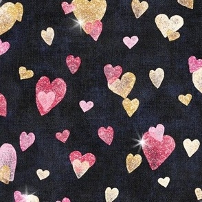 Glitter Hearts in Gold, Cerise and Cherry Red (large scale) | Block printed hearts, heart confetti, bling, sparkly hearts on black velvet for wedding, new year, celebration, party.