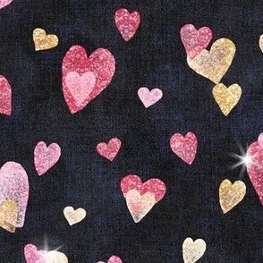 Glitter Hearts in Gold, Cerise and Cherry Red (xl scale) | Block printed hearts, heart confetti, bling, sparkly hearts on black velvet for wedding, new year, celebration, party.
