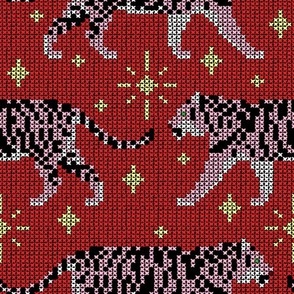 Cross-Stitched Tigers (Pink and Red)