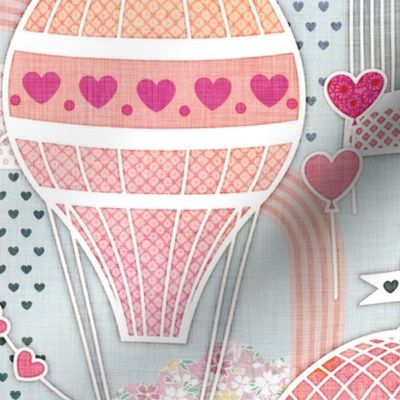 Love Is in the Air- Blue Background Large- Valentine- Lovecore- Hot Air Ballons- Hearts- Love Bird- Love Letter- Pink- Salmon- Coral- Rose- Turquoise