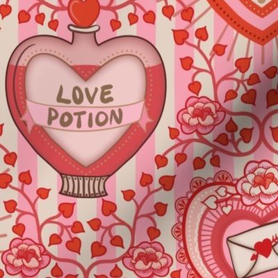 Lovecore - Kitsch Valentine's Hearts, Love Potion and Cupid, vintage stripes - red and pink- medium