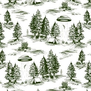 Small-Scale Forest Green & White Alien Abduction Toile de Jouy