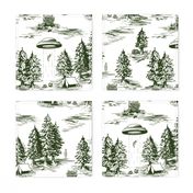 Large-Scale Forest Green & White Alien Abduction Toile de Jouy