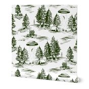 Large-Scale Forest Green & White Alien Abduction Toile de Jouy