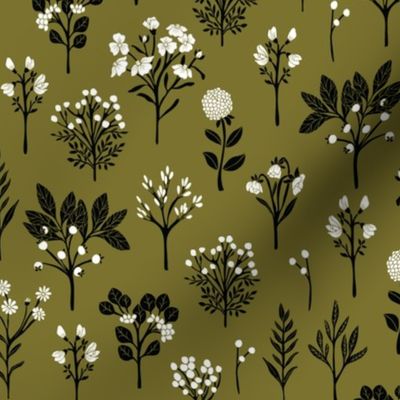 Modern Floral in Olive Green, Black & White