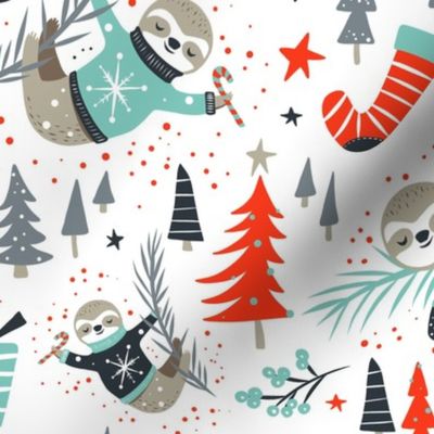 Slothy Holidays - Christmas White Coal Aqua Medium Scale