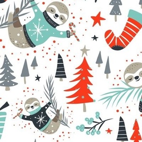 Slothy Holidays - Christmas White Coal Aqua Medium Scale