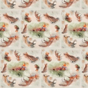 8x8-Inch Half-Brick Repeat of Subtle Tiles of Watercolor Multidirectional Foxes