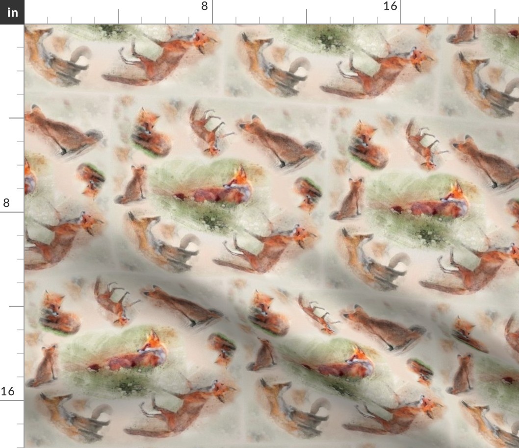 8x8-Inch Half-Brick Repeat of Subtle Tiles of Watercolor Multidirectional Foxes