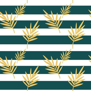 Leaves on Horizontal Solid Stripes Gold Green