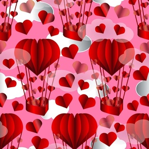 Happy Valentines Day, hearts, balloon, clouds, pink background.