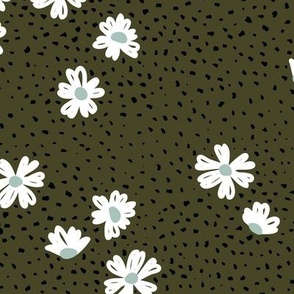 Boho buttercup retro flower garden and spots minimal daisy flowers scandinavian trend style nursery design white sage deep olive green black speckles