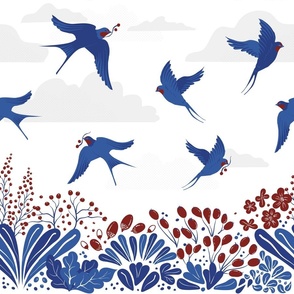 Swallow Classic | border of birds, berries and flowers