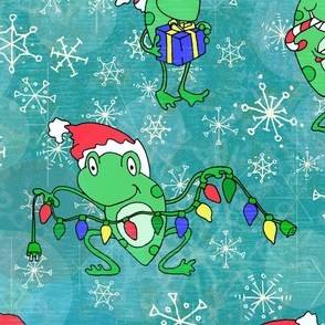 A Very Frog-gy Christmas -- Cute Christmas Frogs over Aqua -- 150dpi (Full Scale)