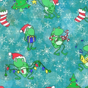 A Very Frog-gy Christmas -- Cute Christmas Frogs over Aqua -- 235dpi (63% of Full Scale)