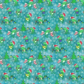 A Very Frog-gy Christmas -- Cute Christmas Frogs over Aqua -- 706dpi (21% of Full Scale)
