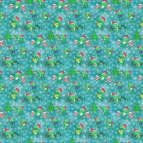 A Very Frog-gy Christmas -- Cute Christmas Frogs over Aqua -- 941dpi (16% of Full Scale)