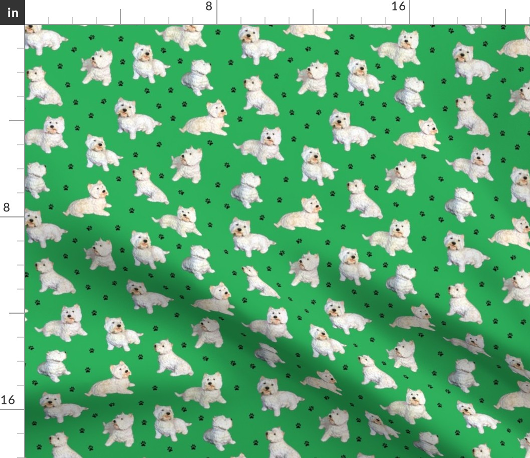 Westies on green with paw prints