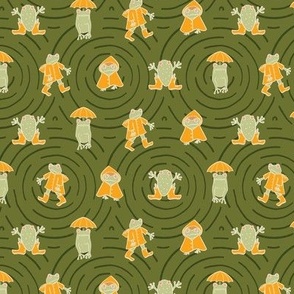 SMALL - Pastel Green Frogs in Yellow Rainwear, Olive Green geometric rings background