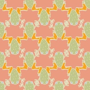 SMALL - Pastel Green Frogs in Yellow Wellington Boots - Salmon Pink