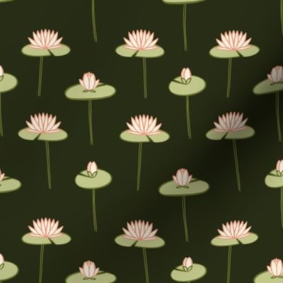 SMALL - water lilies with Lotus flowers, Pastel Green on Dark Green