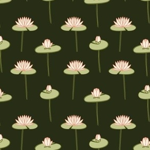 SMALL - water lilies with Lotus flowers, Pastel Green on Dark Green